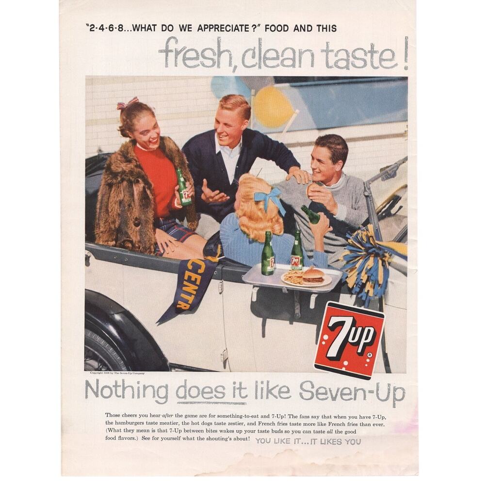 7up Soda Magazine Advertisement 1958 Vintage Soda Pop Car Teens Drive 7-Up